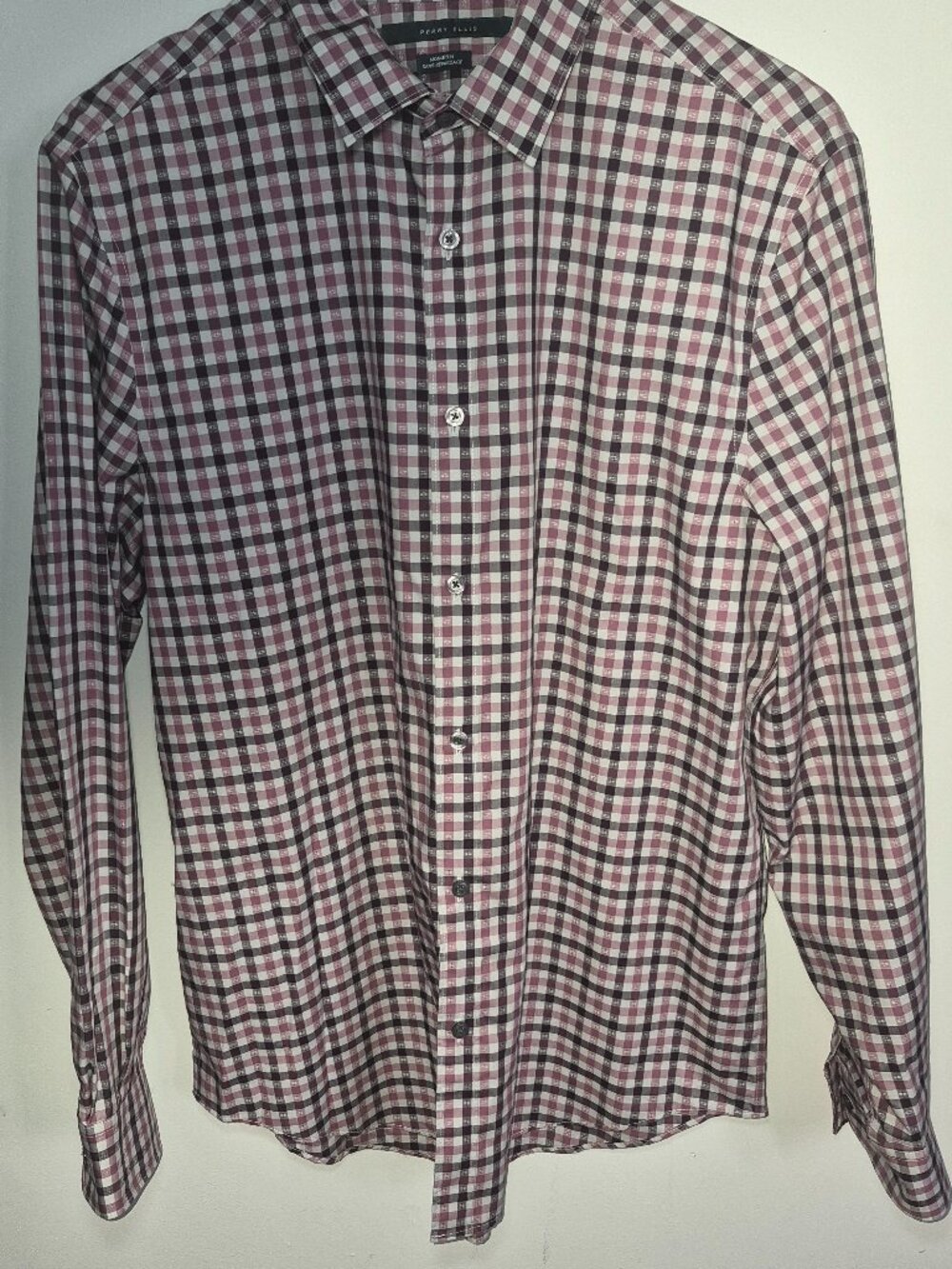 Perry Ellis Mens Large Non-Iron Dress Shirt Burgundy Plum Pink Gingham Plaid L/S